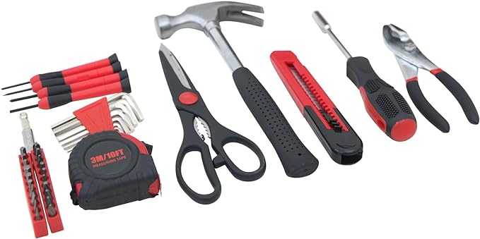39-Piece Household Tools Kit - Comprehensive and Essential Repair Set Tools for College Students, Home Use & More (39p-red)