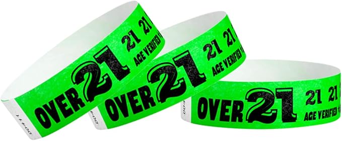 200 WristCo Over 21 Neon Green Tyvek Wristbands for Events - ¾” x 10” - Waterproof Recyclable Comfortable Tear Resistant Paper Bracelets Wrist Bands for Concerts Festivals Admission Party