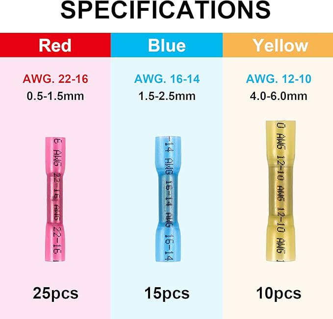 ZhiYo Heat Shrink Butt Connectors - Electrical Wire Connectors Kit - Insulated Waterproof Marine Automotive Wire Crimp Terminals - AWG 22 – 10 3 Sizes Butt Splice (50PCS)