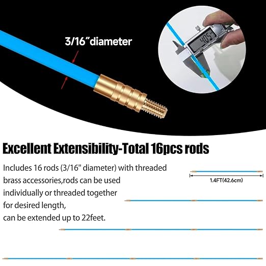 32.2FT Fiberglass Running Electrical Wire Cable Glow Rods Wire Pulling, Fish Rods Electrical Kit with 6 Different Attachments and Fish Tape Wire Puller Kit (32, Blue)