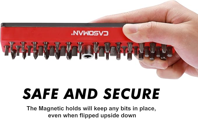CASOMAN 1/4" Hex Bit Organizer with Magnetic Base - Red, 43 Hole Bit Organizer with Strong Magnetic Base, Magnetic Bit Organizer for Your Specialty