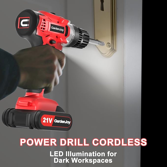 21V Power Drill Cordless Tool Kit Set, Electric Screwdriver Cordless Drill with Battery and Charger for Men Home, 3/8-Inch Keyless Chuck, Variable Speed, 24+1 Torque Setting with LED(Red)