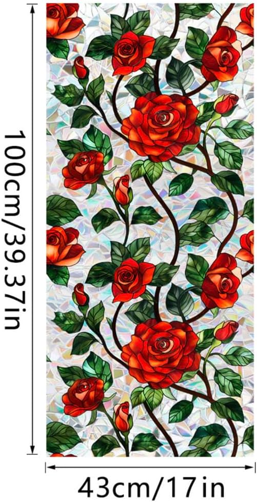 Retro Flower Window Privacy Film, Stained Glass Decals Chinese Red Rose Privacy - Image 6