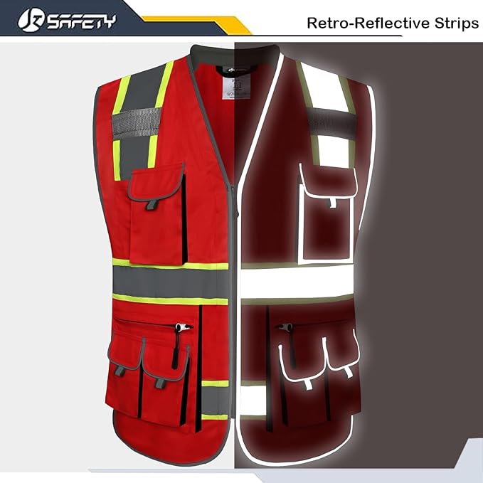 JKSafety 10 Pockets Hi-Vis Zipper Front Fluorescent Red Safety Vest | Cushioned Collar | High Reflective Tapes with Extended Neon Yellow Strips | Meets ANSI/ISEA Standards (5X-Large, 89-Red)