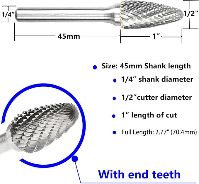 Carbide Burr Set 1/4" Shank SF-5 Die Grinder Bits Tungsten Double Cut Burr Bits (1/2" Cutter Dia X 1" Cutter Length) for Die Grinder Kits Metal Grinding Drilling Polishing (3pcs)