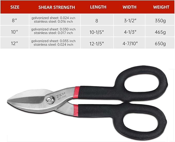 ZKH 10 Inch Tin Snips, Alloy Steel Forged Heavy Duty Metal Shears with Comfortable Two-Color PVC Dipped Plastic Handle, Metal Snips for Cutting Sheet Metal