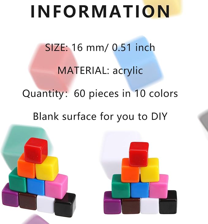 Gejoy 60 Pieces 16 mm Blank Dice Acrylic Dice Cubes Assorted Color DIY Cubes - Image 5