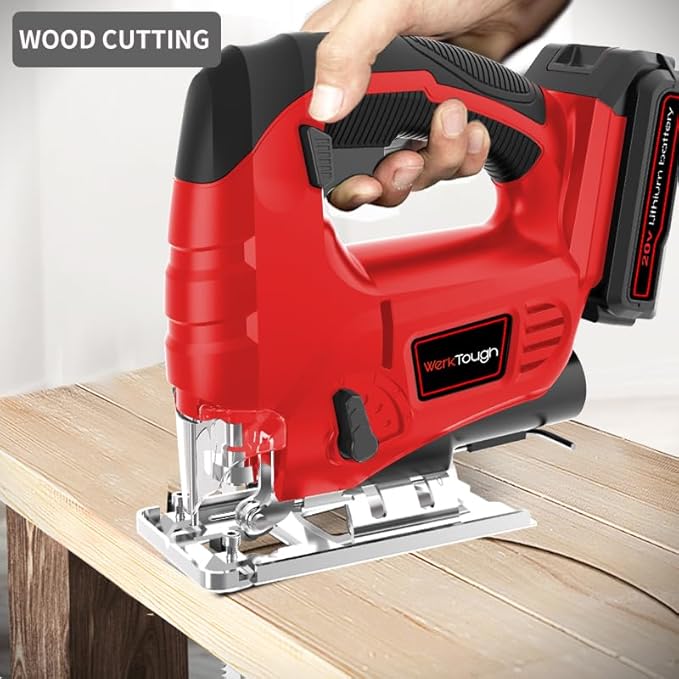 Cordless Jig Saw,20V Electric Jigsaw Tool Kit with Variable Speed,Pendulum Function, 0-45°Adjustable Cutting Bevel,2.0A Li-ion Battery With 1 Hour Fast Charger,9pcs Free Blade