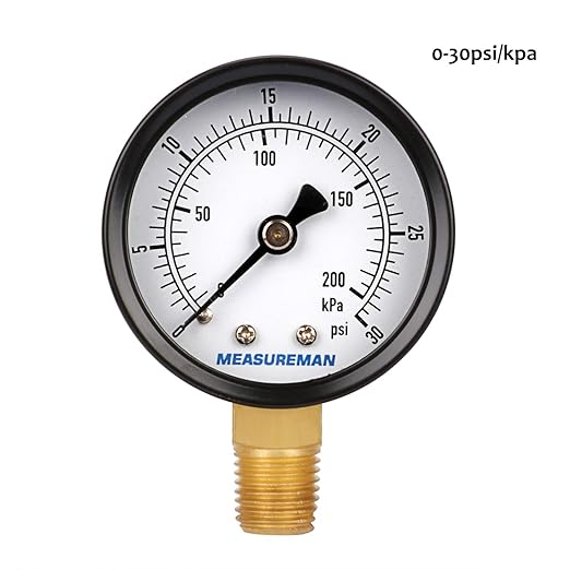 MEASUREMAN 2" Brass Gas Pressure Test Gauge Assembly, 3/4" FNPT Connection, 0-30 psi/kpa, +/-3-2-3% Accuracy