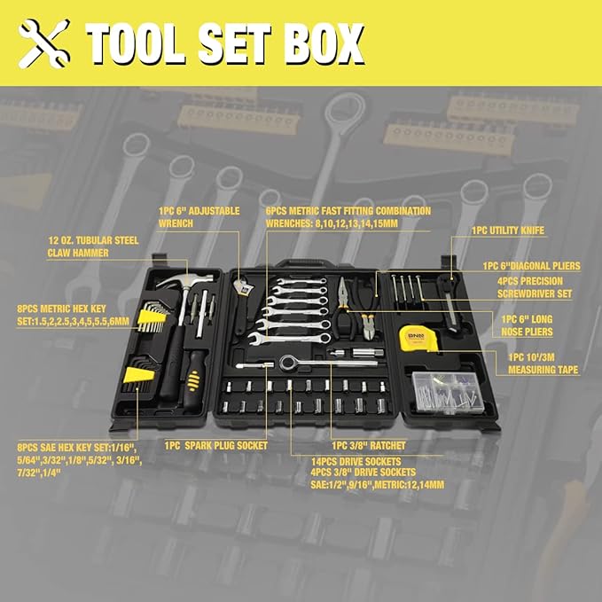 DNA MOTORING 160pcs Mechanic Tool Socket Wrench Set, SAE and Metric Socket Wrench Set, Tool Box Case for Home, Auto and Bike Repair, Yellow, TOOLS-00024