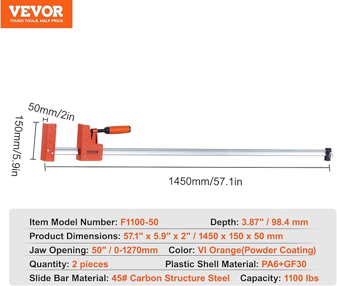 VEVOR Bar Clamps for Woodworking, 2-Pack 50" Parallel Clamp Set, F Clamp with 1100 lbs Load Limit, Even Pressure, High-strength Plastic and Carbon Steel, Wood clamps for Woodworking Metal Working
