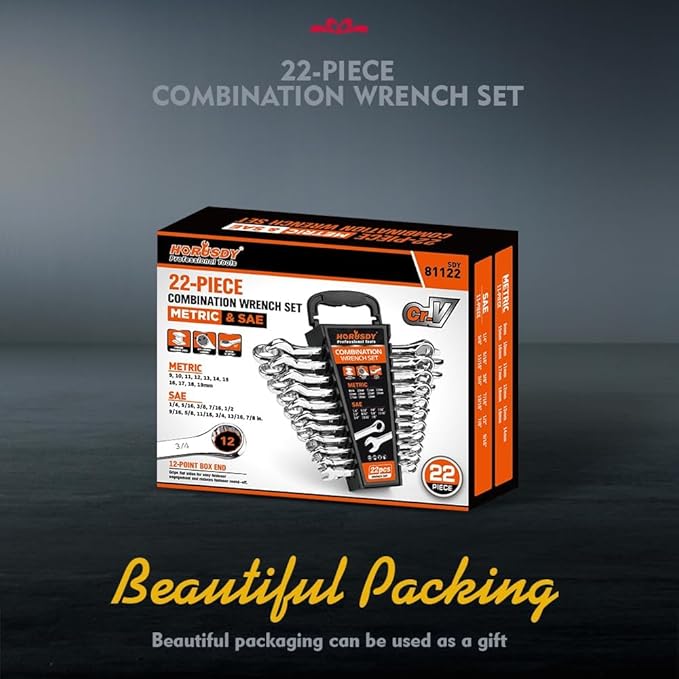 HORUSDY 22-Piece Wrench Set | Metric & SAE Combination Wrench Set with Organizer | 12 Point | Chrome Vanadium Steel