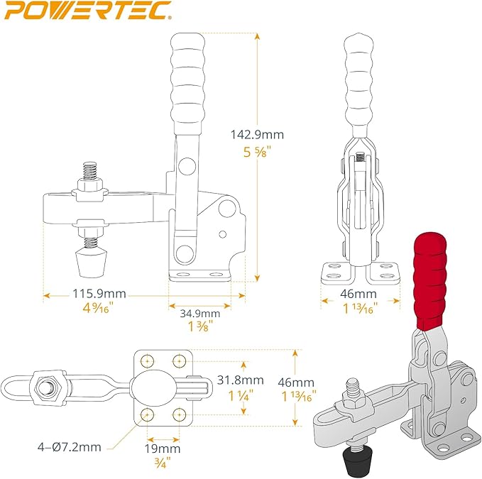 POWERTEC 2PK Toggle Clamp, 500 lbs Holding Capacity, 12130 Quick Release Vertical Clamps w/Antislip Rubber Pressure Tip for Woodworking Jigs and Fixtures, Welding, Drill Press, Crosscut Sled (20335)