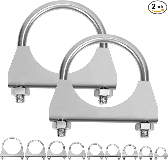 Swpeet 2Pcs 2.5 Inches Exhaust U Clamp Kit, 2-1/2 Inches Stainless Steel Muffler U-Bolt Clamps, Universal Heavy Duty U-Bolt Muffler Clamp Ideal for Tip Pipes Connection