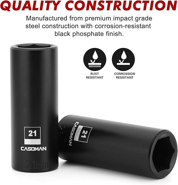 CASOMAN 1/2-Inch Drive x 21mm Deep Impact Socket, 2PCS Set, 6-Point, Metric, CR-MO