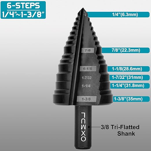 M35 Step Drill Bit for Metal, 1/4" to 1-3/8", Cobalt Bits, Heavy Duty for Stainless Steel, Metal, Aluminum, Copper, 6-Steps. 204