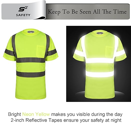 Hi Vis T Shirt Class 3 High Visibility Shirts for Men Safety Shirts With Reflective Strips and Pocket Breathable Construction Work Mesh Short Sleeve Yellow 4XL