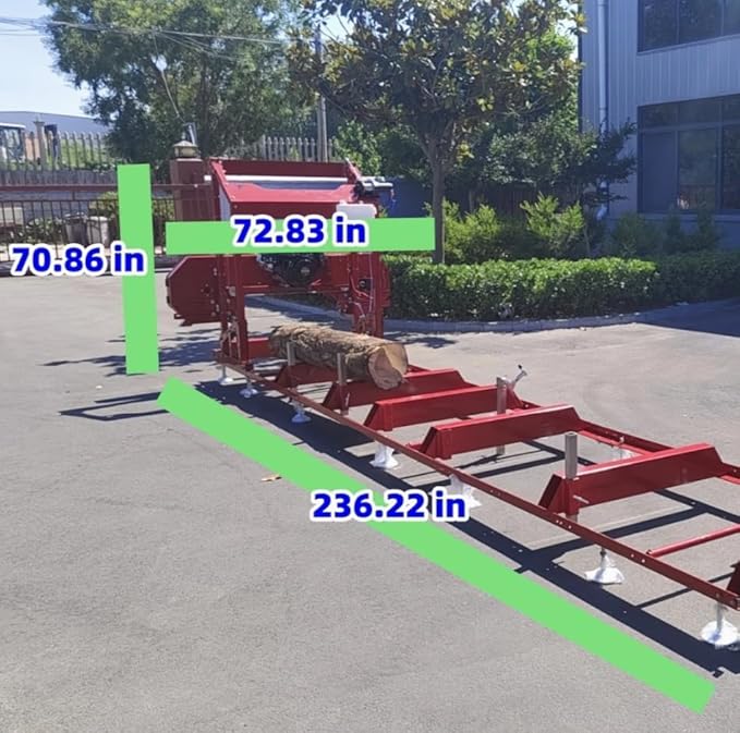 Gas-Powered Sawmill - 15HP 420cc, Cuts 32" Diameter Logs into 32"x7"x188.74" Planks, 160.63" Blade, 19.68FT Rail, 2 Tires, Trailer Hitch, Taillights, Quick Up/Down Sawhead, Red Steel