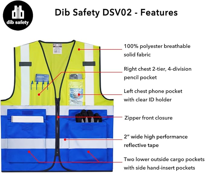Dib Safety Reflective Vest High Visibility with Pockets and Zipper, Yellow and Blue 4XL