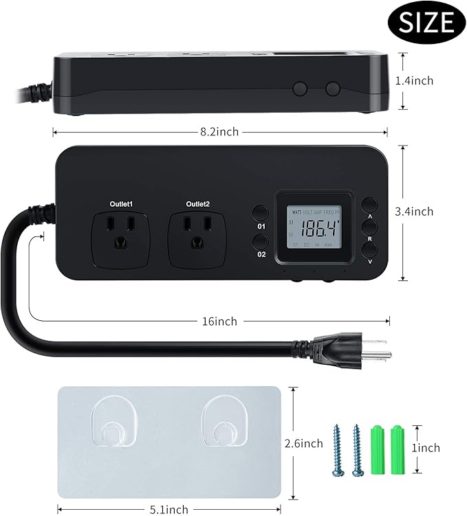 Electricity Usage Monitor, Briidea Power Consumption Watt Voltage Amp Meter Tester with 2 Outlets Electricity Analyzer Monitoring Device for Energy Saving