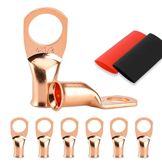 Battery Cable Ends, 8PCS 4 Gauge Wire Connectors 1/2 Copper Wire Lugs, Bare Copper Eyelets with Heat Shrink Tubing