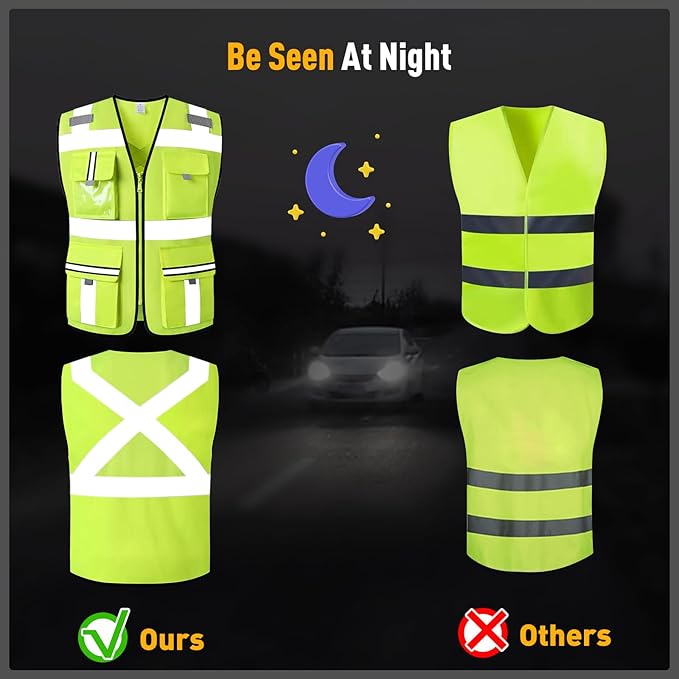Class 2 Safety Vest with Zipper Front and multiple Pockets, High Visibility Vest, Meets ANSI/ISEA Standards