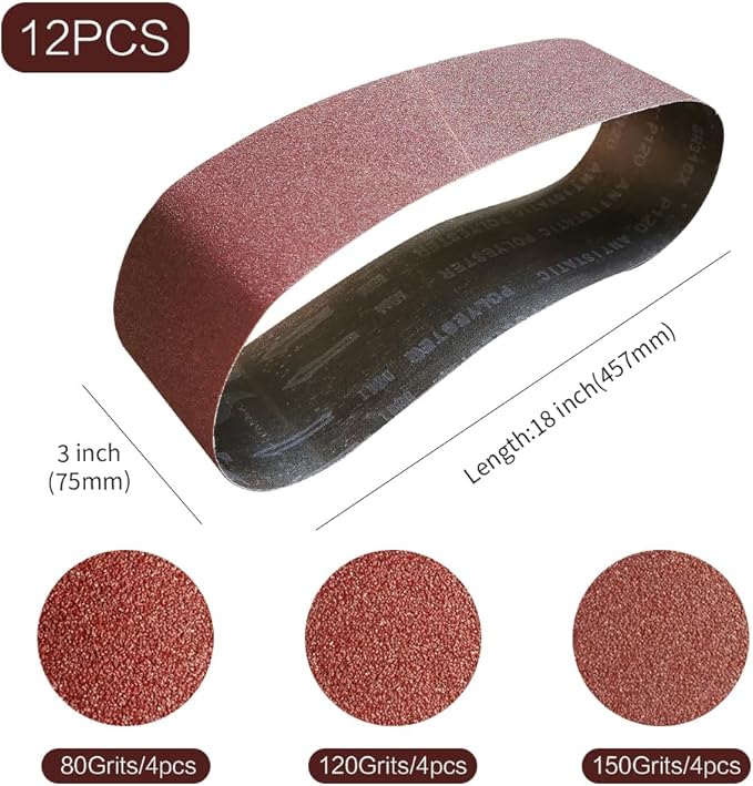 3x18 3 x 18 Inch Sanding Belt Pack 3-Inch x 18-Inch,12 Pcs(4 Each of 80 120 150 Grits) Aluminum Oxide for Sander