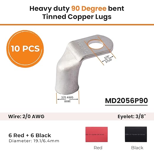 SELTERM 10pcs - 2/0 AWG 3/8" Stud 90° Bent Battery Lugs - Ring Terminal Connectors with 12pcs 3:1 Black & Red 3/4" Heat Shrink Tubing - Heavy Duty Battery Cable Ends - Tinned Copper Wire Connector Kit