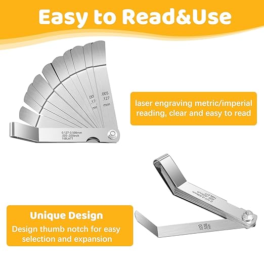 16 Blades Stainless Steel Feeler Gauge, Metric and Imperial Gap Measuring Tool Width and Thickness Feeler Gage Gauge for Spark Plug, Valve Adjustment Tool, 0.127-0.508mm (0.005IN-0.02)