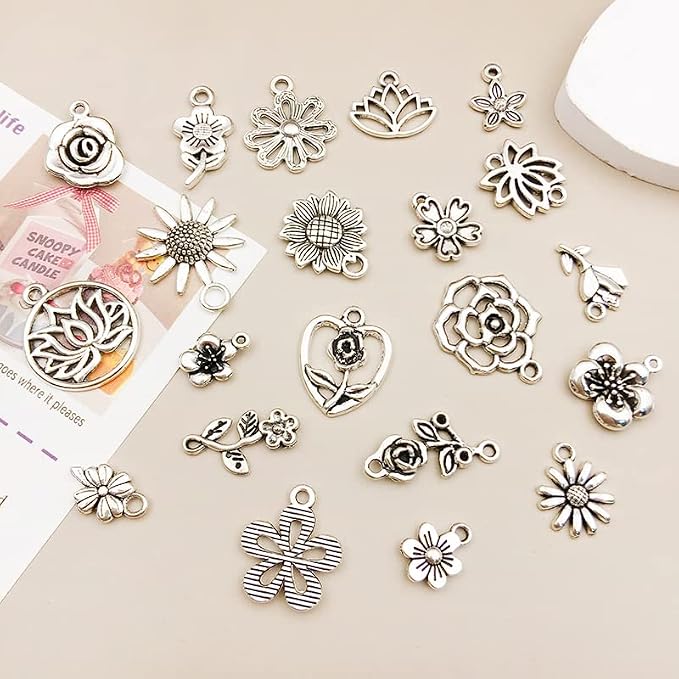 WOCRAFT 120pcs Antique Silver Fower Charm - Image 4