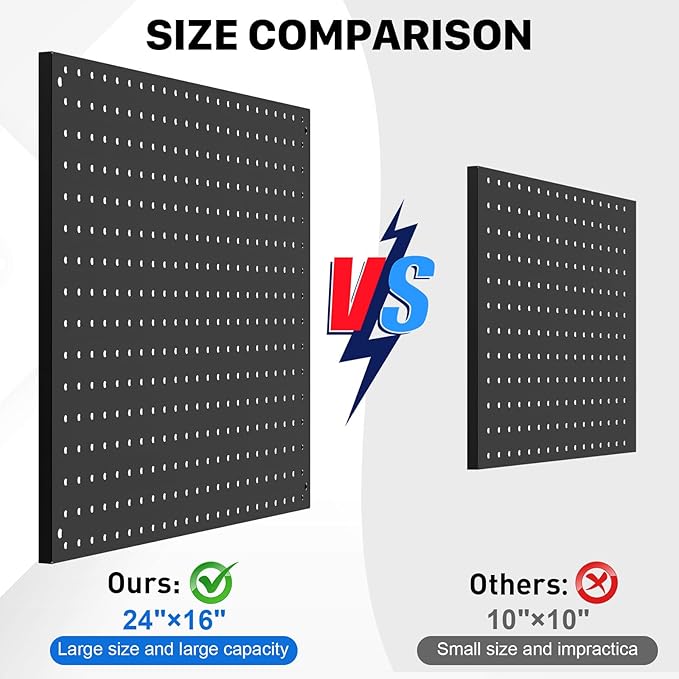 Peg Board, 2 Pack Metal Pegboard Panels Black Pegboards Wall Organizer with Frame Large Heavy Duty Peg Board with Hooks for Walls Home,Garage Tool Storage,Office Organization,Kitchen 24”×16”