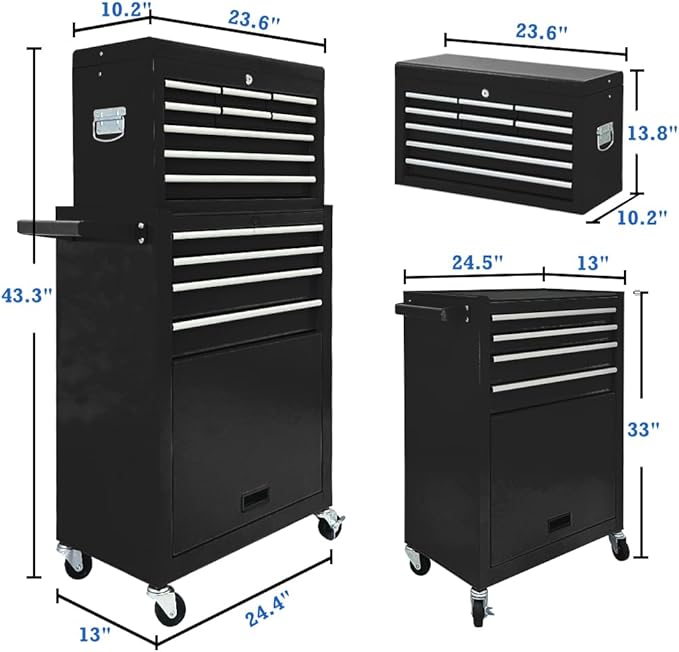 13 Drawers Tool Chest with Wheels,Large Capacity Tool Storage Cabinet with Removable Top Toolbox, Locking Mechanical Tool Cart with Liner,Suitable for Garages, Warehouses-Black
