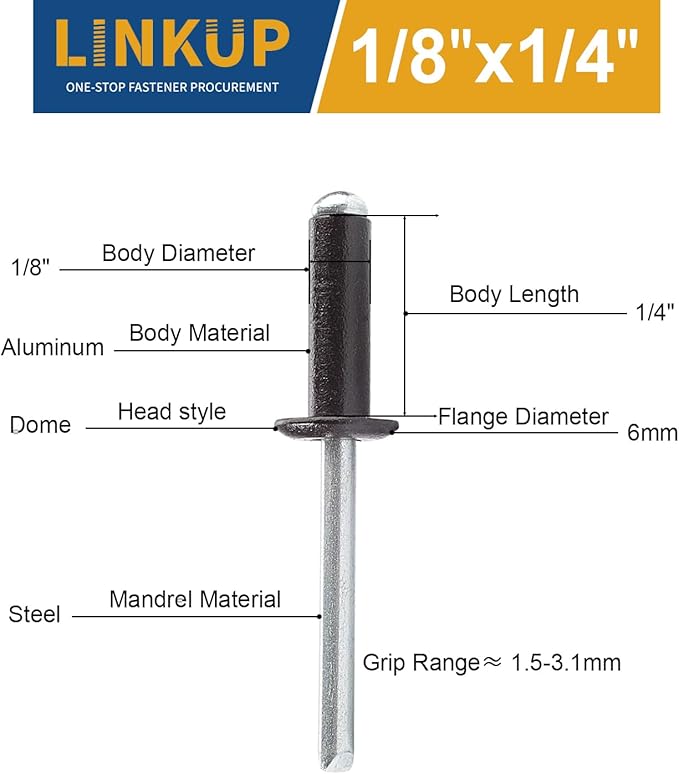 Linkup 350pcs pack 1/8" x 1/4" Black pop blind Rivets, 3.2mm x 6.4mm Black pop rivets,Aluminum Body Steel Mandrel Rivets (Black),Dome Head aluminum rivets