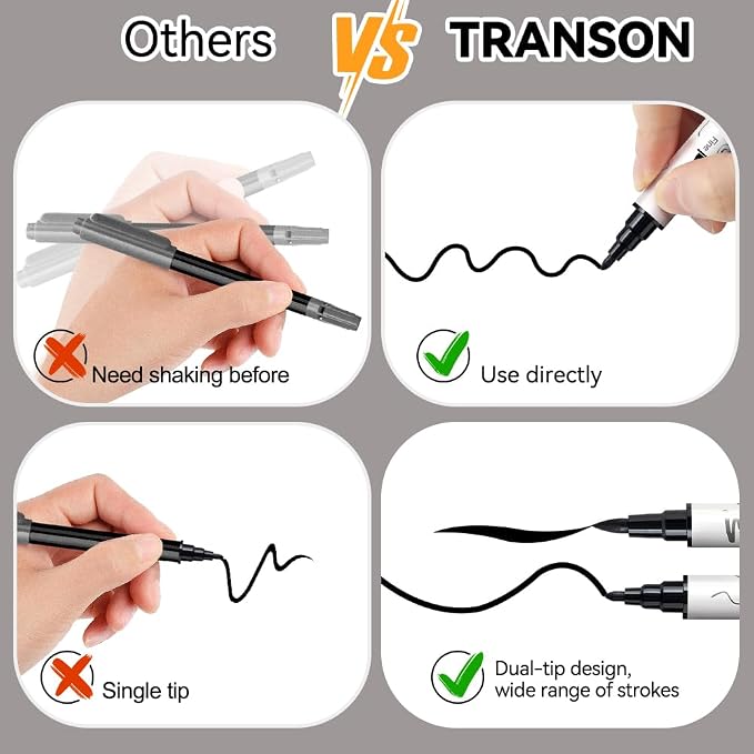 TRANSON 8 Pack Black Brush and Fine Dual-tip Acrylic Paint Marker - Image 5