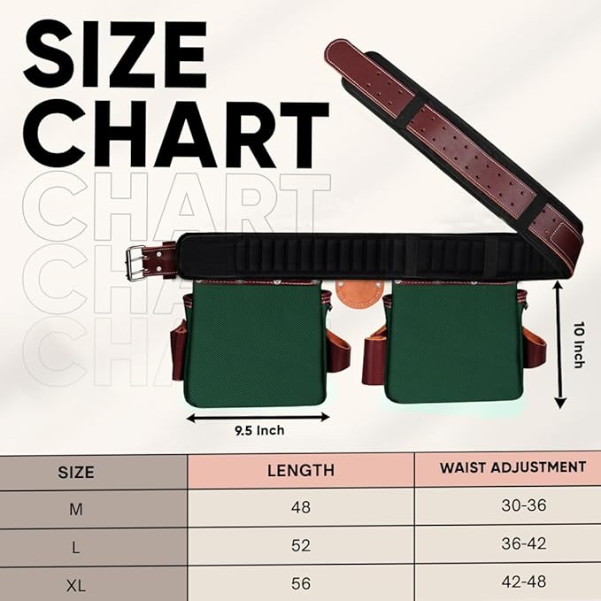 FUERI Tool Belt Men Heavy Duty 26 Pocket Tools Bags Pouches Holder Organizer for Carpenter Construction Electrician Framer Nylon Leather (Green & Maroon, Extra Large 42" - 48")