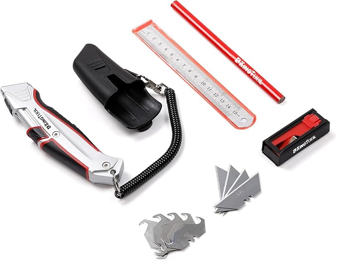 KingTool Self-Retracting Box Cutter with Holster & Belt Clip, Auto Retractable Safety Utility Knife with Total 10PCS SK5 blades, Aaluminum Shell with Rubber Grip, Sturdy & Strong