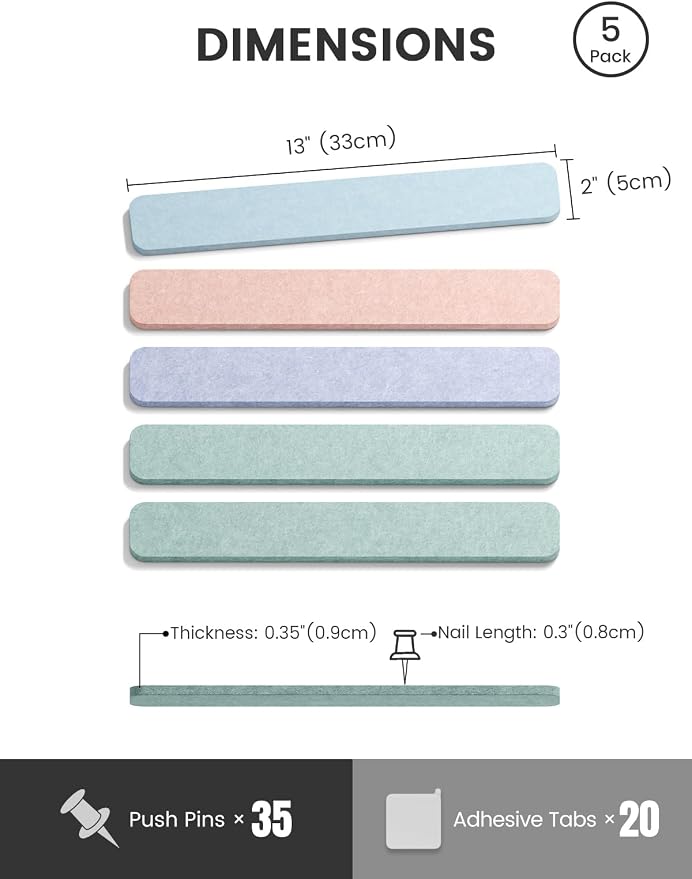 Fluxynara Cork Board Alternative Felt Strip Board 5-Pack 13"x2", Office Pin - Image 2