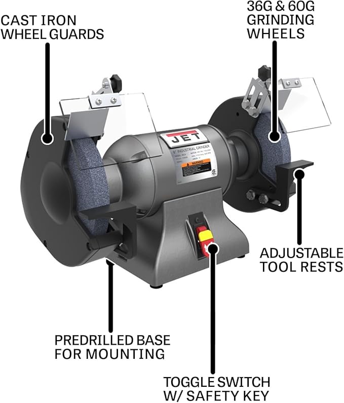 JET 8-Inch Industrial Bench Grinder, 3600 RPM, 1 HP, 115V 1Ph (Model IBG-8)
