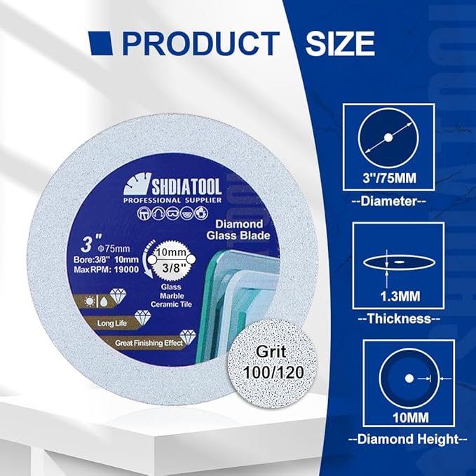 SHDIATOOL Diamond Glass Cutting Disc 3-Inch Saw Blade, Ultra-Thin Cut Off Wheel Arbor 3/8-inch for Tile Ceramic Porcelain Marble 75mm (3 of Pack)
