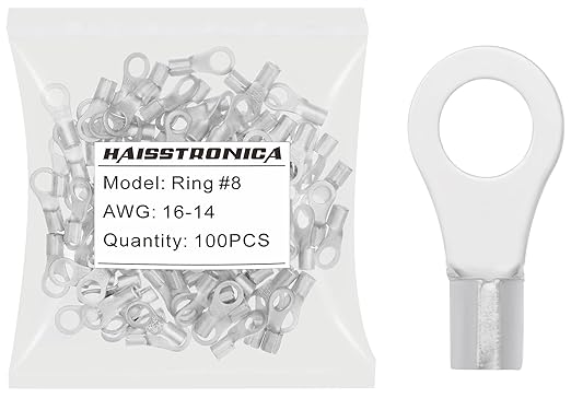 haisstronica 100pcs #8 Ring Terminals,AWG 16-14 Brazed Seam Non-Insulated Copper Wire Connectors