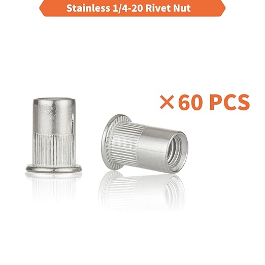 Rivet Nut Installation Tool Set Flat Head Rivnut Threaded Insert Nut Kit SAE & Metric for Metal Heavy Duty Zinc Plated Nutsert (1/4-20(Rivet Nut-60pcs, Stainless))