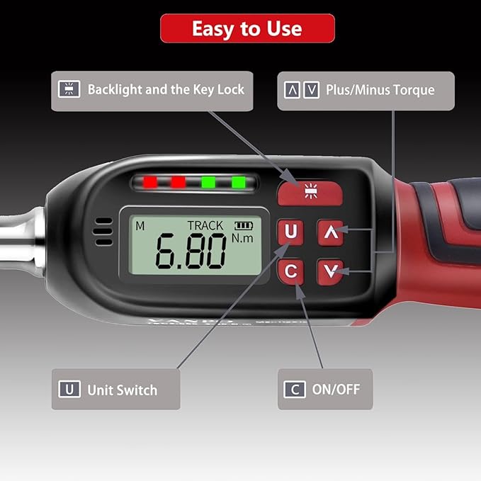 3/8 Inch Drive Digital Torque Wrench(5-99.5 ft-lbs./6.8-135Nm), ±2% CW Torque Accuracy, Electronic Torque Wrench Set with Buzzer and LED Flash Notification for Bike Moto