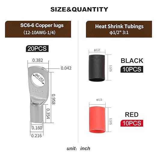 Thick Copper Electric Wire Lugs,20Pcs Tinned Copper Gauge 12-10Awg-1/4(M6) Ring Heavy Duty Battery Cable Lugs Ends Ring Terminals Connectors with 20Pcs 3:1 Heat Shrink Tubing Assortment Kit