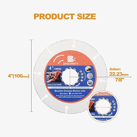 Carbide Multi Wheel,BRSCHNITT 4pcs 4 Inch (100mm) with Arbor 7/8"-5/8" Tungsten Carbide Cut Off Wheel for Wood,Laminate,Gypsum Board,Plastic for Angle Grinder Cutting Disc
