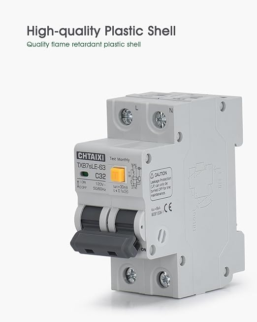 Ground Fault Circuit Breaker, 32 Amp 120V AC DIN Rail Mount Residual Current Circuit Breaker, Thermal-Magnetic Trip, Earth-Leakage Protection 30mA 1PN RCBO C32