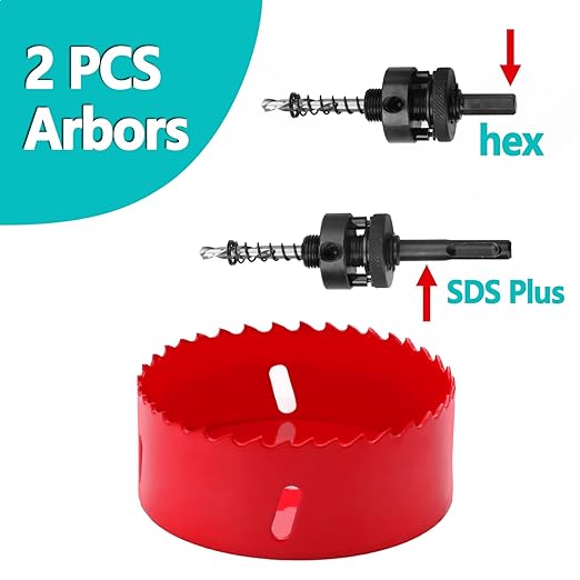 3 inch / 76mm Hole Saw with 1 pc SDS Plus Arbor and 1 pc Hex Shank Arbor, HSS Bi-Metal Hole Drilling Cutter for Wood Boards Plastic and Thin Metal (3 inch / 76mm)