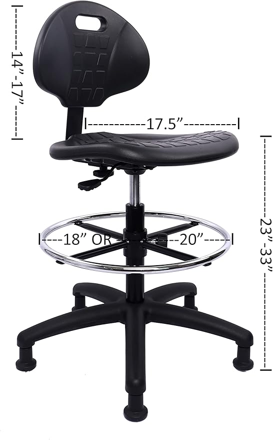 Chair Master Heavy Duty Drafting Stool - Easy to Clean! Ergonomic Polyurethane Chair. Seat Height Adjustable w/Footring for Home, Automotive, Lab, Cleanroom (Glides, Tall Stool).