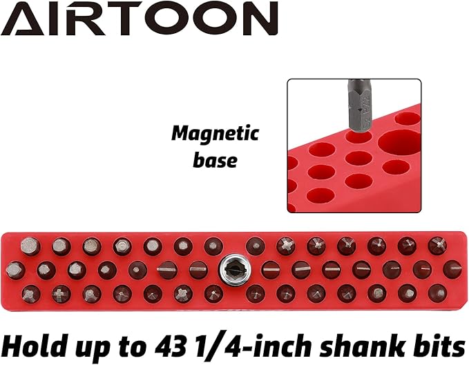AIRTOON 1/4" Magnetic Hex Bit Holder, 43 Holes Bit Storage with Strong Magnetic Base, Magnetic Screwdriver Bit Organizer, Red