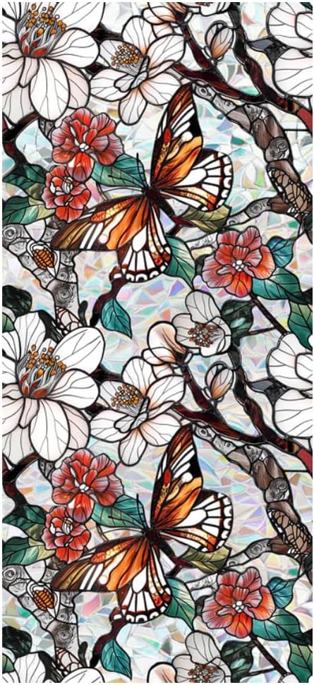 Retro Flower Window Privacy Film, Stained Glass Decals Floral Butterfly Privacy by JOONOR