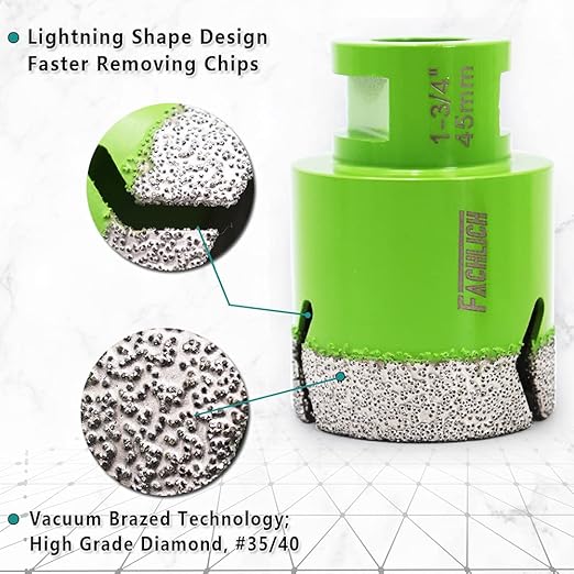 Diamond Core Drill Bit,2pcs Diameter 1-3/4 inch 45mm Thread 5/8-11,Vacuum Brazed Dry Wet Hole Saw for Porcelain Tile,Granite,Marble,Concrete,Masonry,Brick